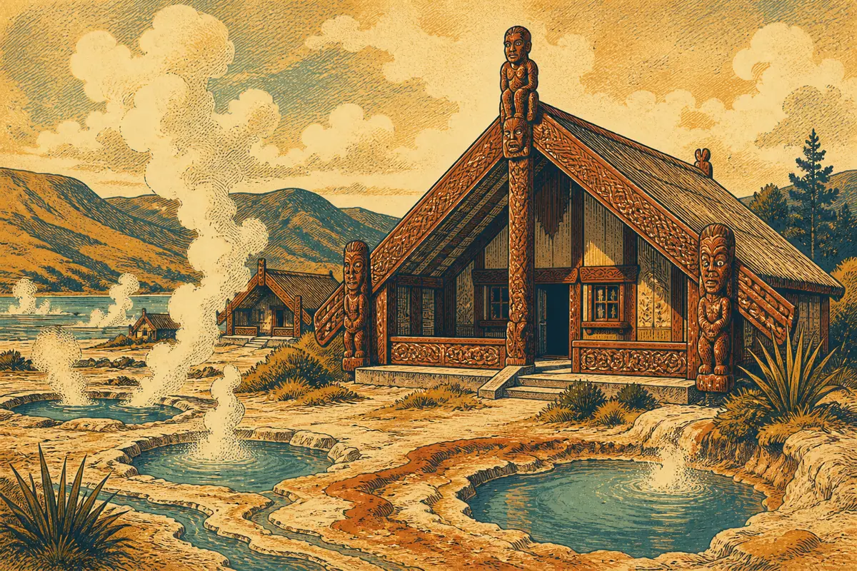 Carved wooden buildings on a geothermal plateau with steam rising from nearby hot pools.