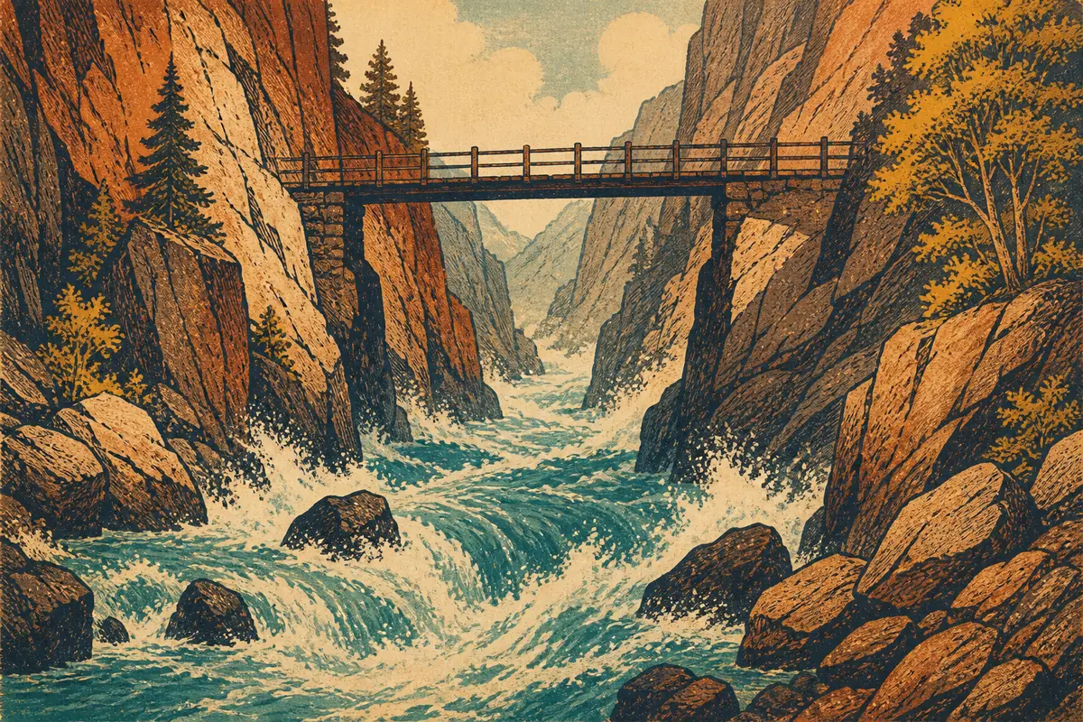 Turquoise river rapids rushing through a narrow rock canyon beneath a footbridge.