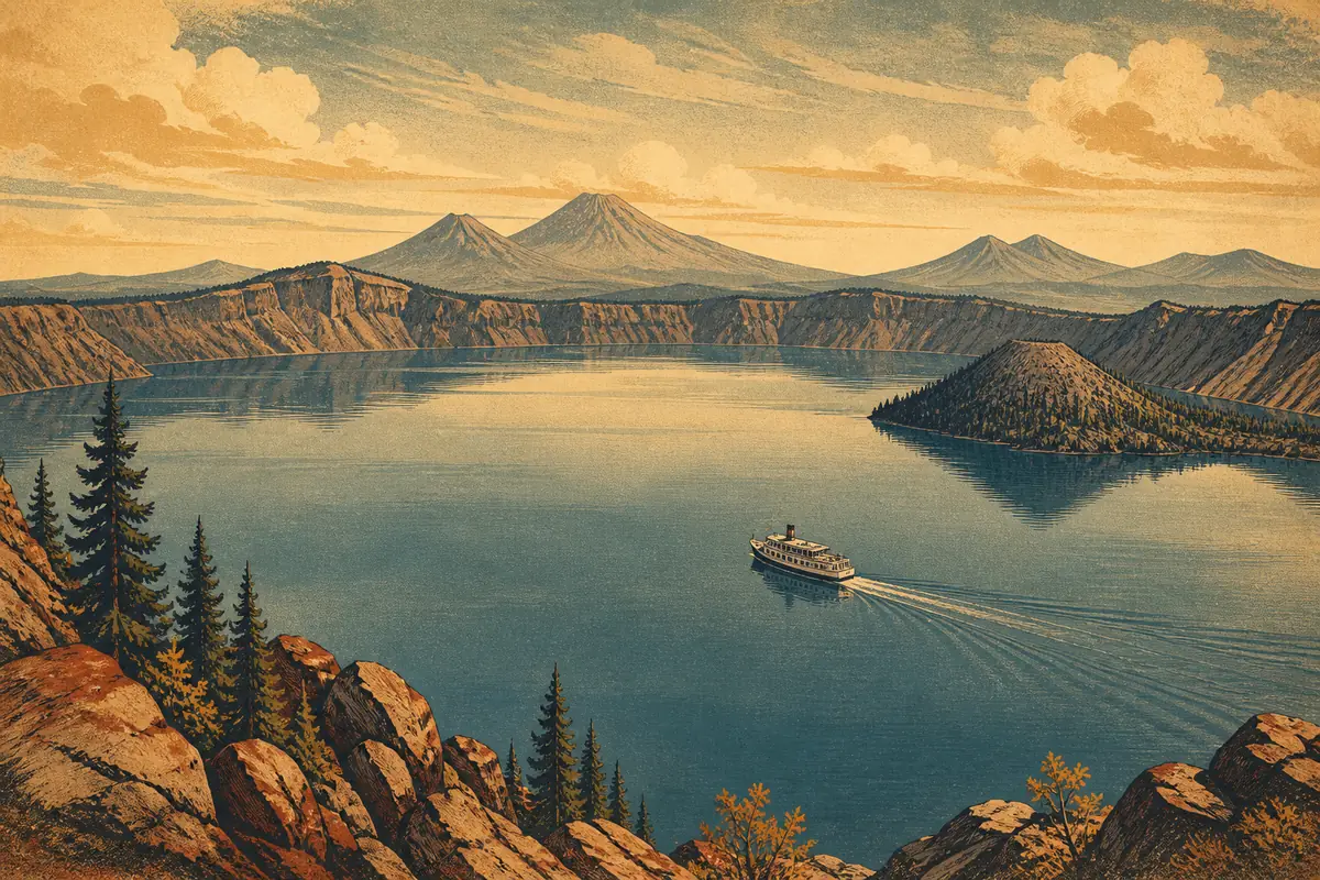 A wide lake with a cruise boat on calm water and distant volcanic peaks on the horizon.