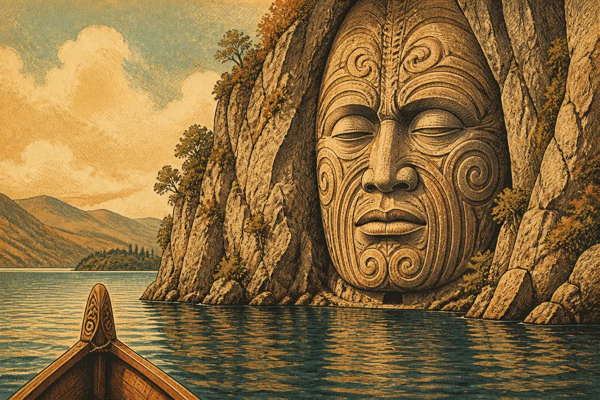 A large carved Māori face cut into a lakeside cliff, viewed from the water.