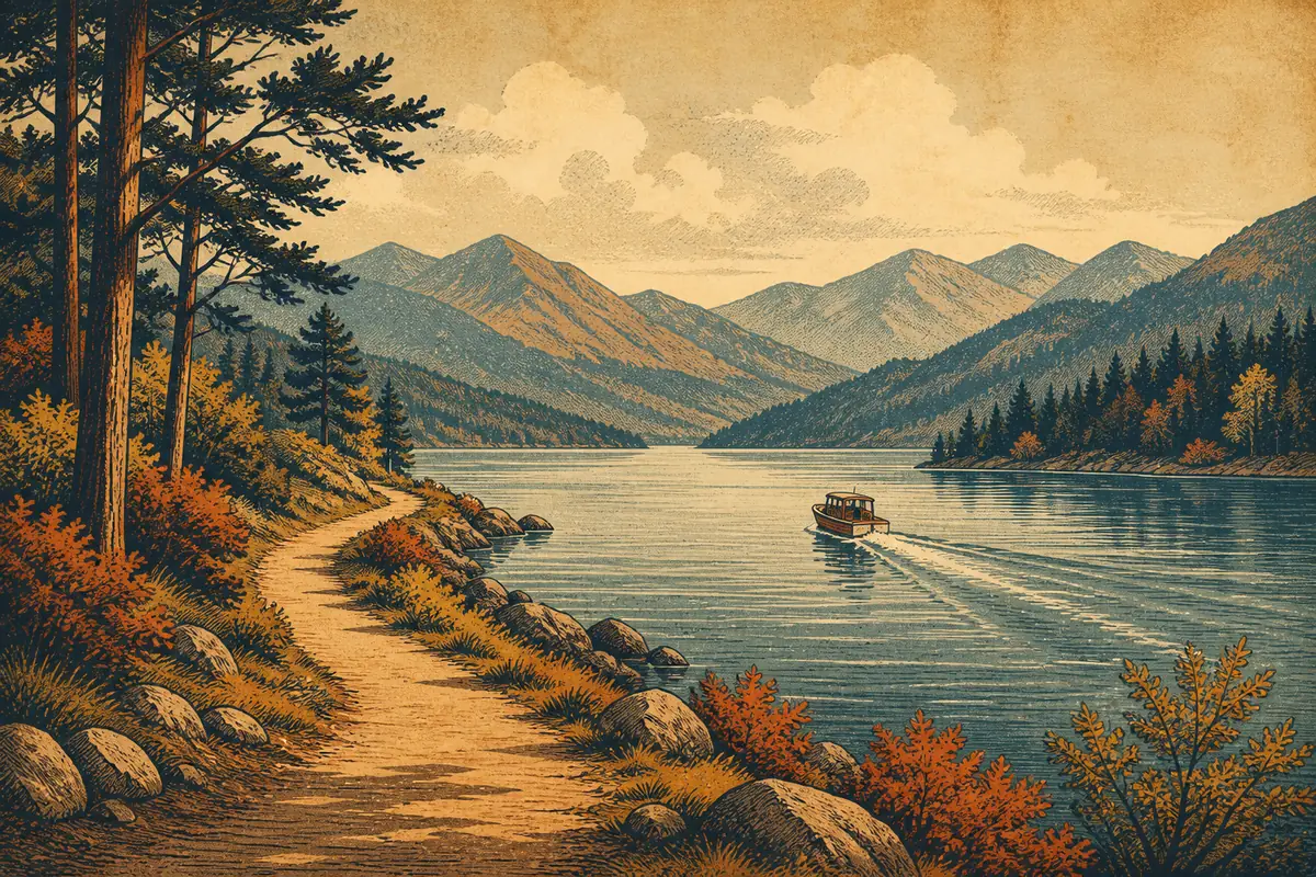 A lakeshore walking track with a small boat heading toward distant forested mountains.