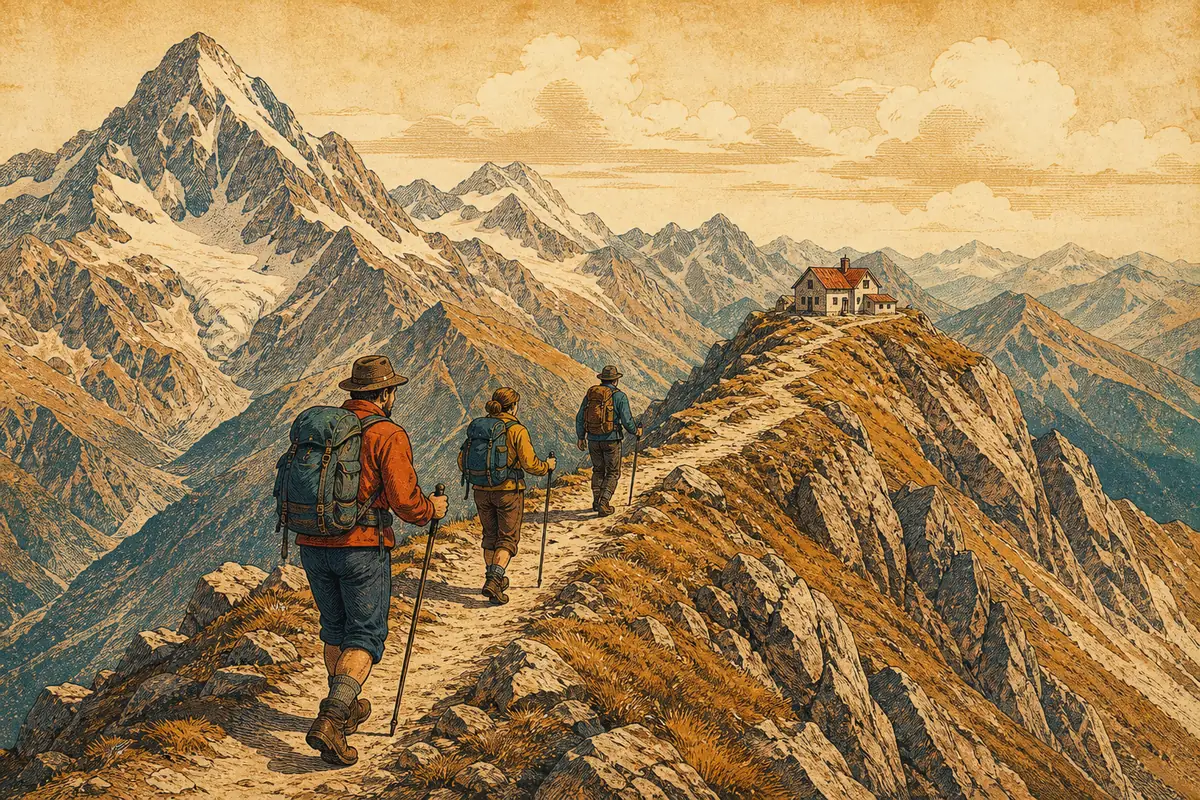 Hikers walking an exposed alpine ridge track with a mountain hut visible in the distance.
