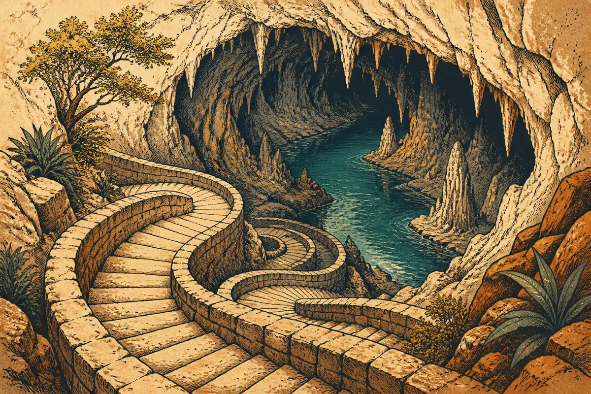 A spiral walkway descending into a limestone cave entrance above an underground river.