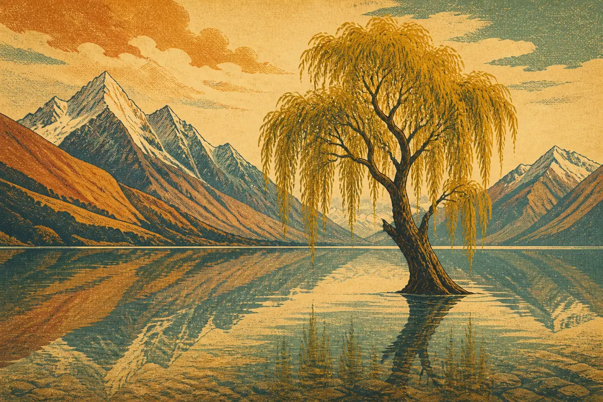 A lone willow tree standing in shallow water on an alpine lake, mountains reflected on the surface.