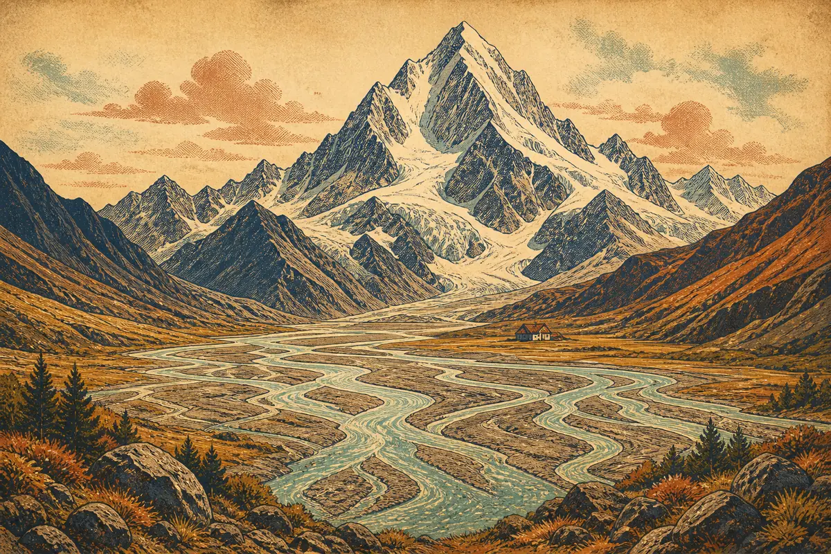 A glaciated mountain peak above a wide braided river valley with a distant hut.